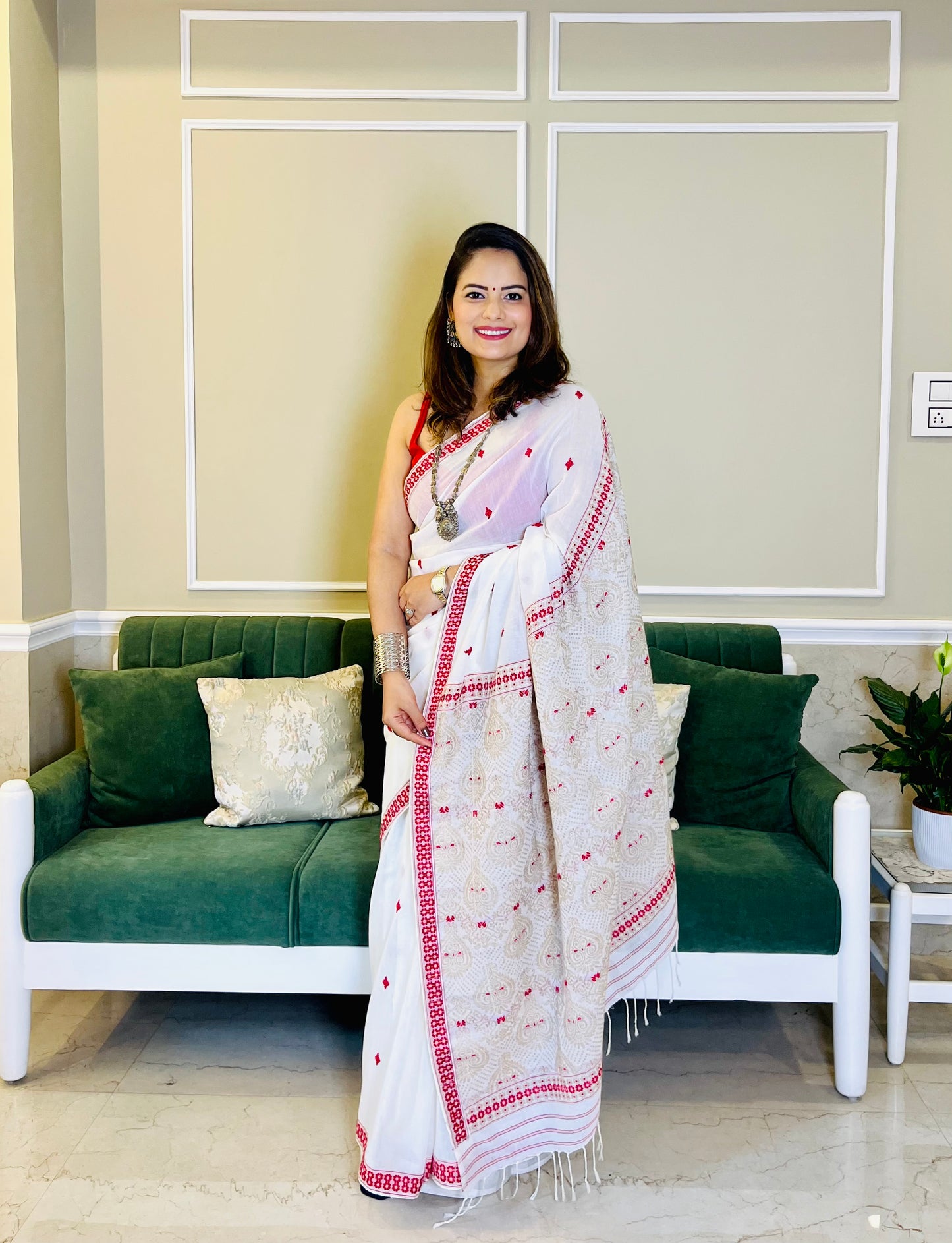 Assam Handloom White Cotton Saree