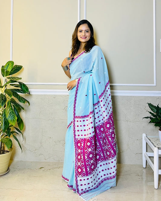 Assam Handloom Sky Blue Cotton Saree
