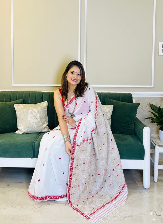 Assam Handloom White Cotton Saree