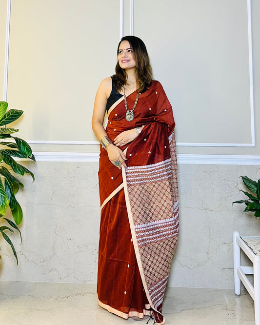 Assam Handloom Brown Cotton Saree