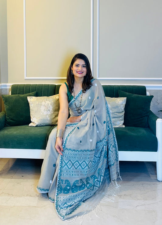 Assam Handloom Mint Grey Cotton Saree