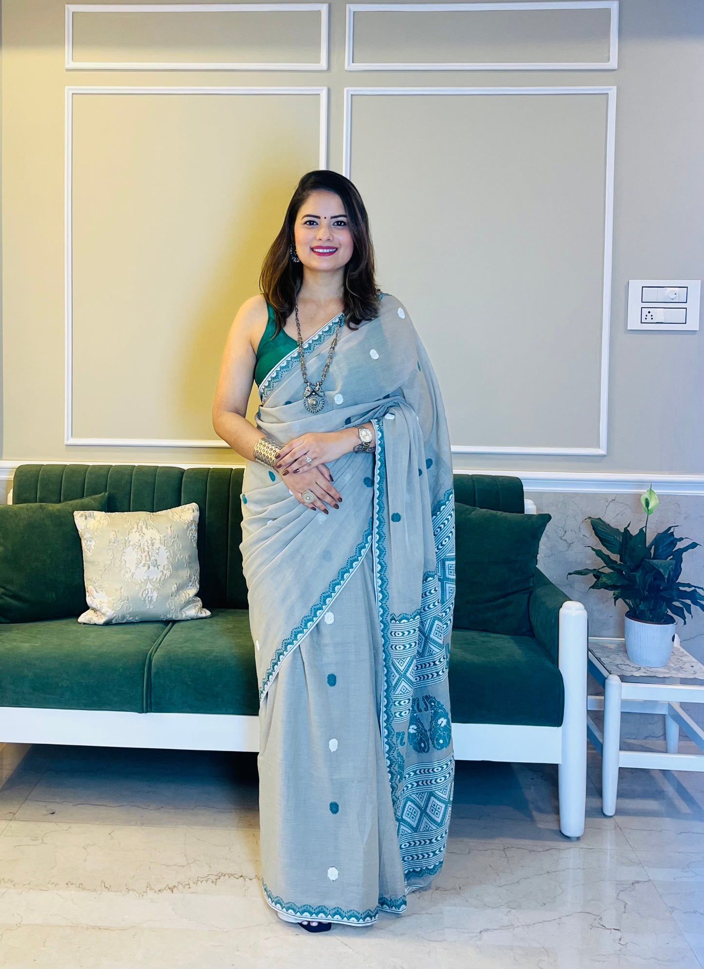 Assam Handloom Mint Grey Cotton Saree