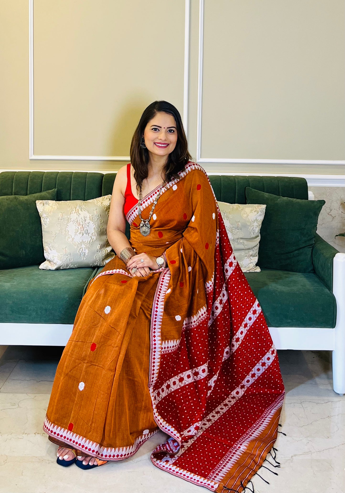 Assam orange cotton handloom saree