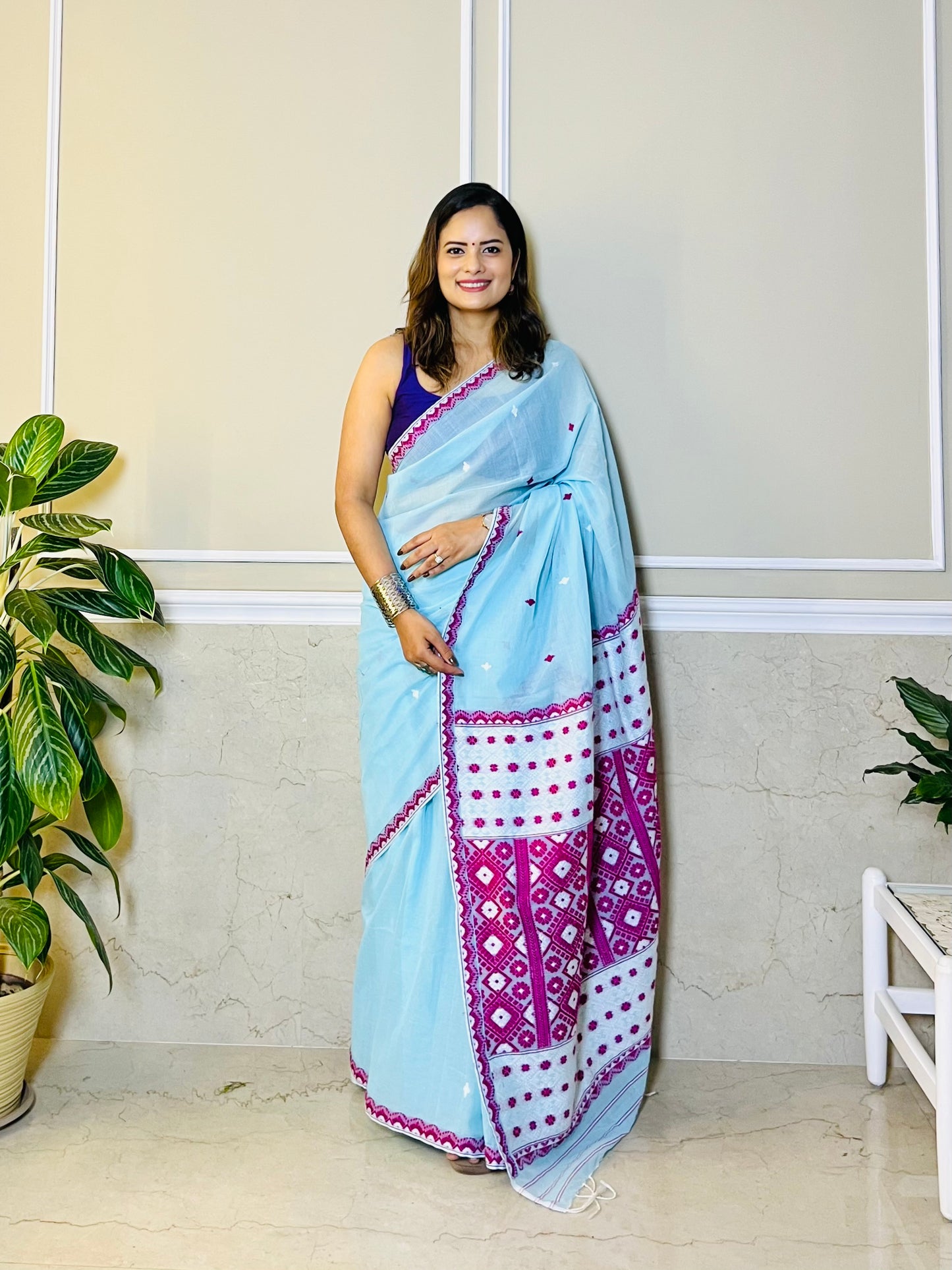 Assam Handloom Sky Blue Cotton Saree