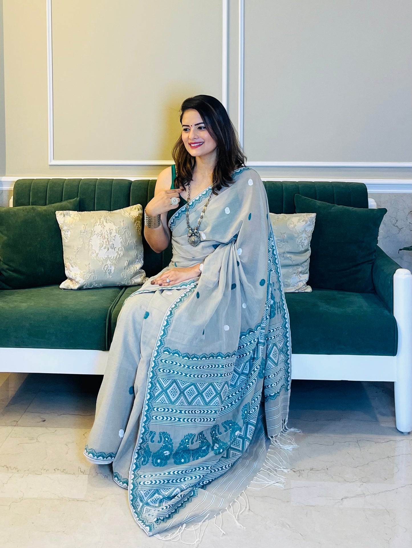 ASSAM HANDLOOM COTTON MINT GREEN SAREE
