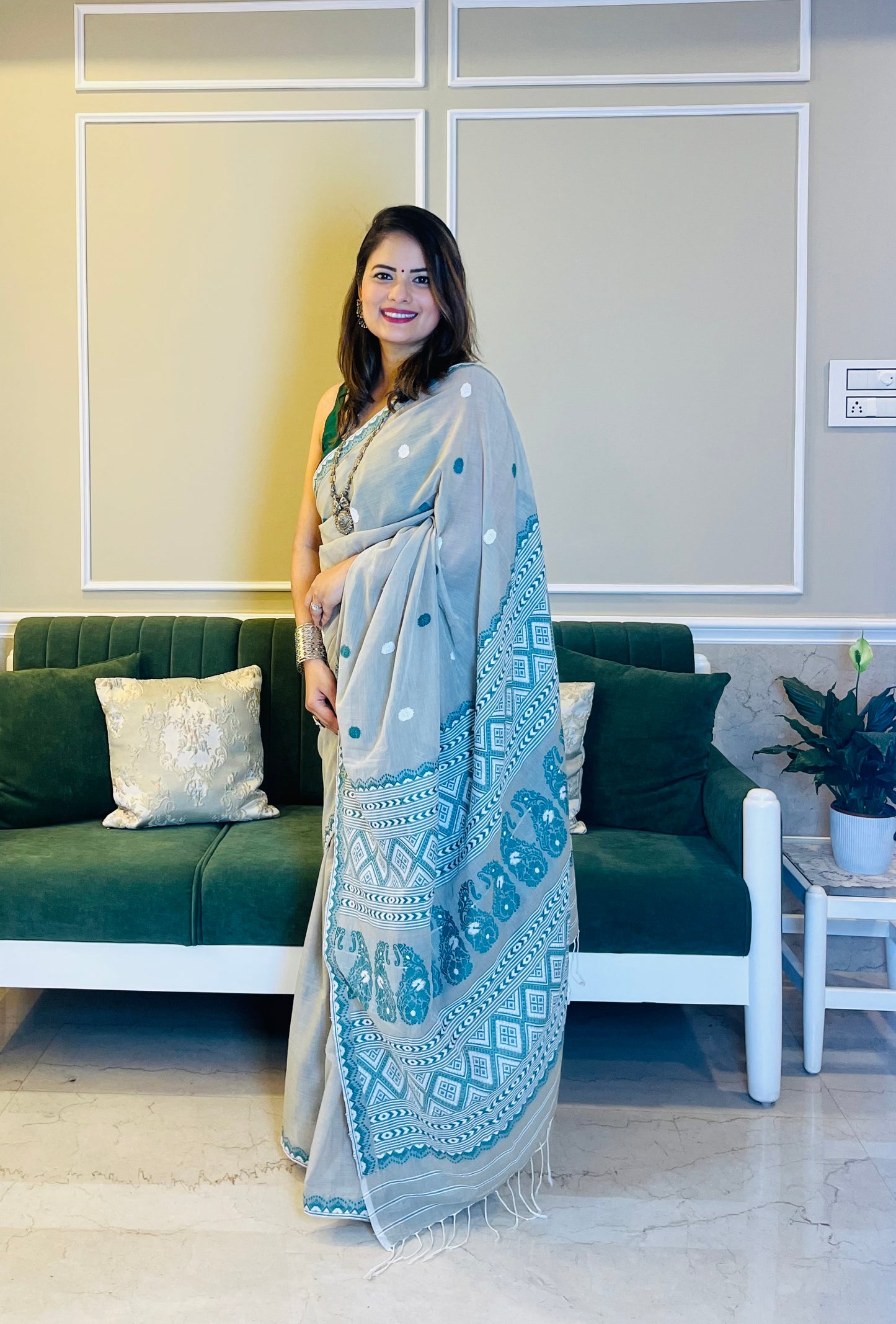 ASSAM HANDLOOM COTTON MINT GREEN SAREE