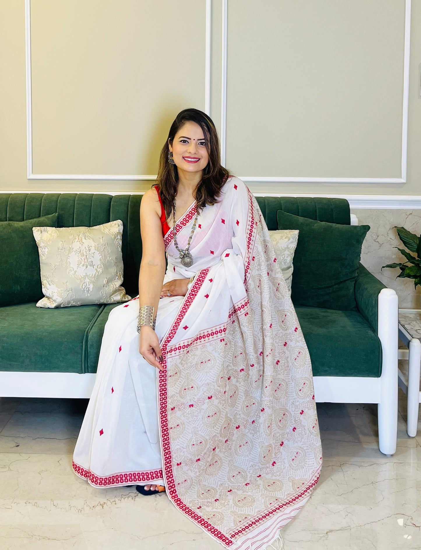 Assam handloom cotton saree with ghisa and red work
