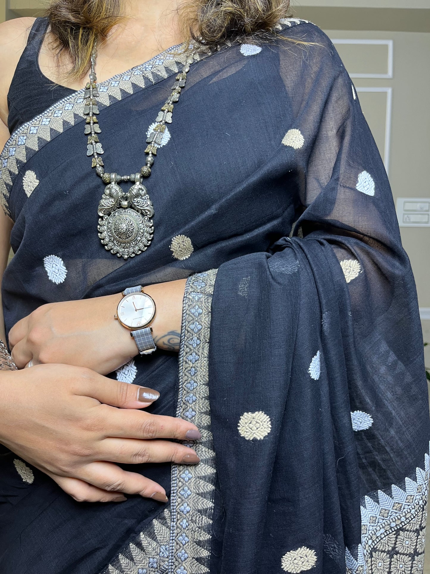 Assam Handloom Black Cotton Saree