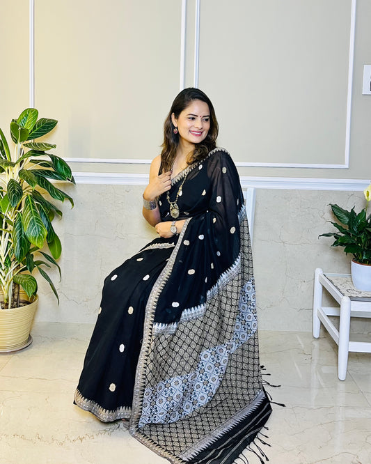 Assam Handloom Black Cotton Saree