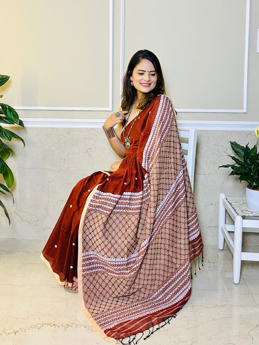 Assam Handloom Brown Cotton Saree