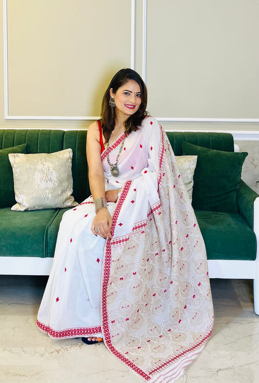 Assam Handloom White Cotton Saree