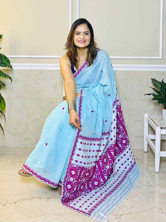 Assam Handloom Sky Blue Cotton Saree